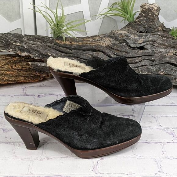 UGG Shearling Lined Black Suede Heeled Mules Clogs - Picture 3 of 14